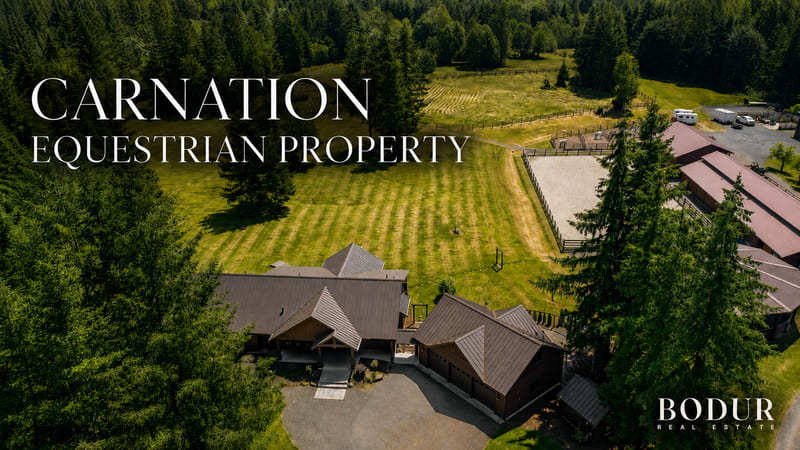 Title card reading Carnation Equestrian Property over an aerial view of the home, pastures, riding arena, and barn.